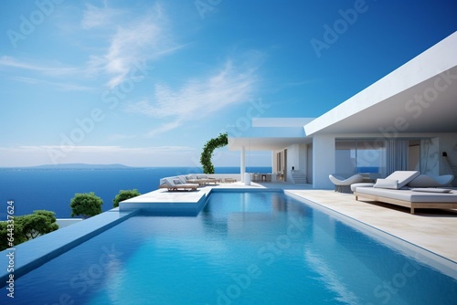 Minimalist villa with pool and ocean view. Enhanced artwork. Generative AI © Emily