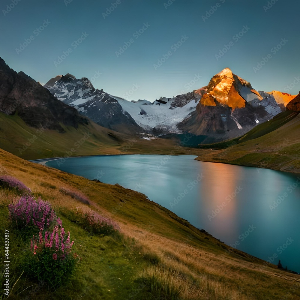 Fototapeta premium Fantastic evening panorama of Bachalp lake.AI generated