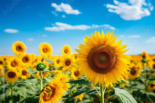 Scenic farmland with bright sunflowers blooming in the summer field. Generative AI