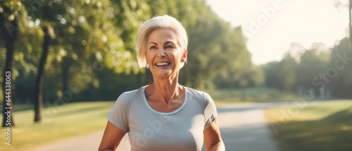 Senior woman going for a run living a healthy lifestyle for longevity in park in morning