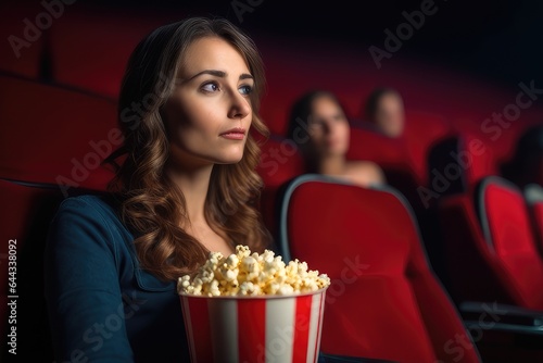 woman holding pop corn watching movie in cinema