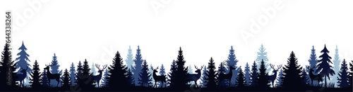 Fir forest landscape with deers at night, blue panorama vector illustration, seemless border pattern, global colors