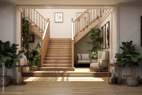 3D depiction of an entrance hallway with stairs, artwork, display stand, seating, and plants. Seen from the front view. Generative AI