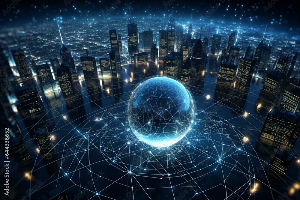 An illuminated network grid enveloping the globe, depicting advanced technology utilizing satellites for intercontinental internet and data communication. Generative AI