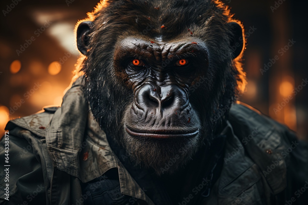 Portrait of a strong male chimpanzee in a leather jacket. Portrait of a strong male chimpanzee in a leather jacket.
