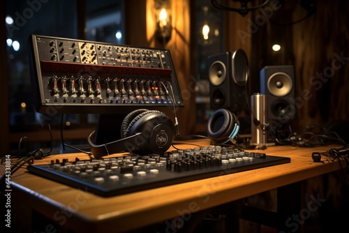 High-end mic, headphones, and sound panel for quality studio recordings. Generative AI