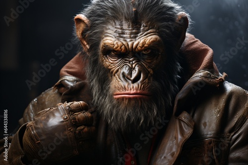 Portrait of a strong male chimpanzee in a leather jacket.