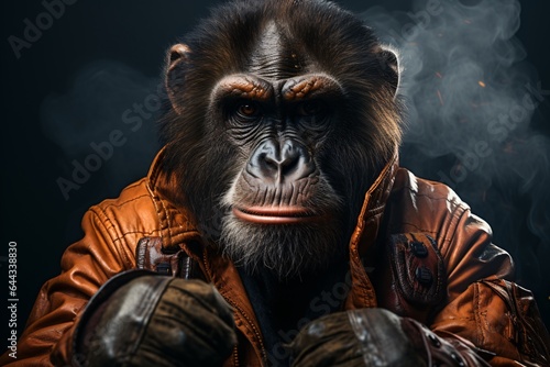 Portrait of a strong male chimpanzee in a leather jacket. © vachom