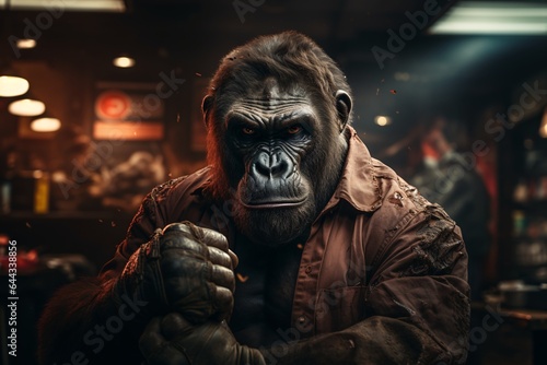 Portrait of a strong gorilla in a cafe. The concept of extreme danger