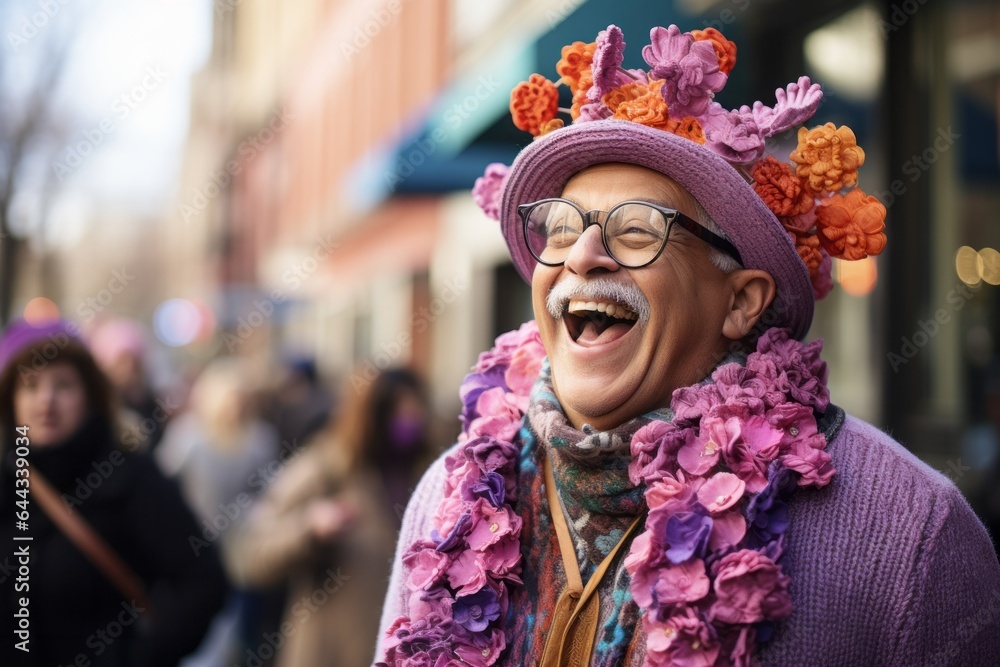 Laughing elderly gentleman with a lavender floral Hat and a matching purple suit.