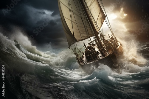 Sailboat conquers tempestuous sea, provoking adventure and thrill. Generative AI