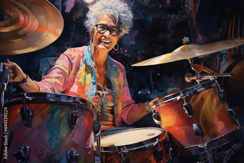 An illustration painting of a senior Caucasian woman is enjoy playing drum with joyful satisfying expression 