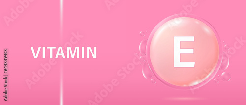 Vitamin E in bubble concept. Vitamins complex banner for advertising, health, medical science. Beauty treatment skin care design.