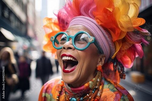 A laughing elderly woman wearing an amazing rainbow coloured flowery hat and blue glasses in the street. Colourful Wig and Glasses Transforming a Woman into a Vibrant, Trendy Diva
