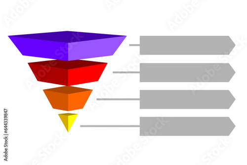 Infographic illustration of purple with yellow with orange and red triangles divided and space for text, Inverted pyramid shape made of four layers for presenting business ideas or disparity photo