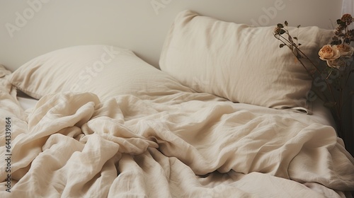 Generative AI  Relaxing bedroom detail of bed with natural linen textured bedding  muted neutral aesthetic colors