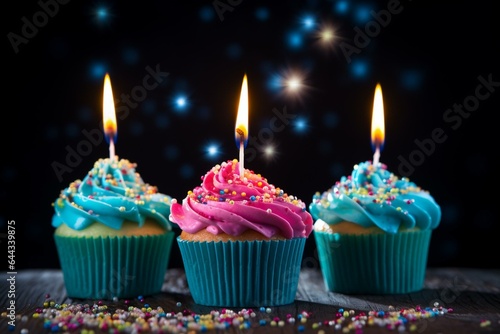 A birthday cupcake with three lit candles. Generative AI