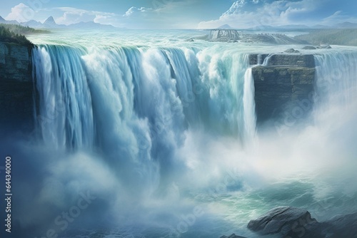 Digital illustration of a massive waterfall resembling Niagara Falls. Generative AI photo