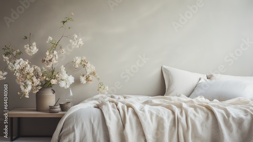 Generative AI, Relaxing bedroom detail of bed with natural linen textured bedding, muted neutral aesthetic colors photo