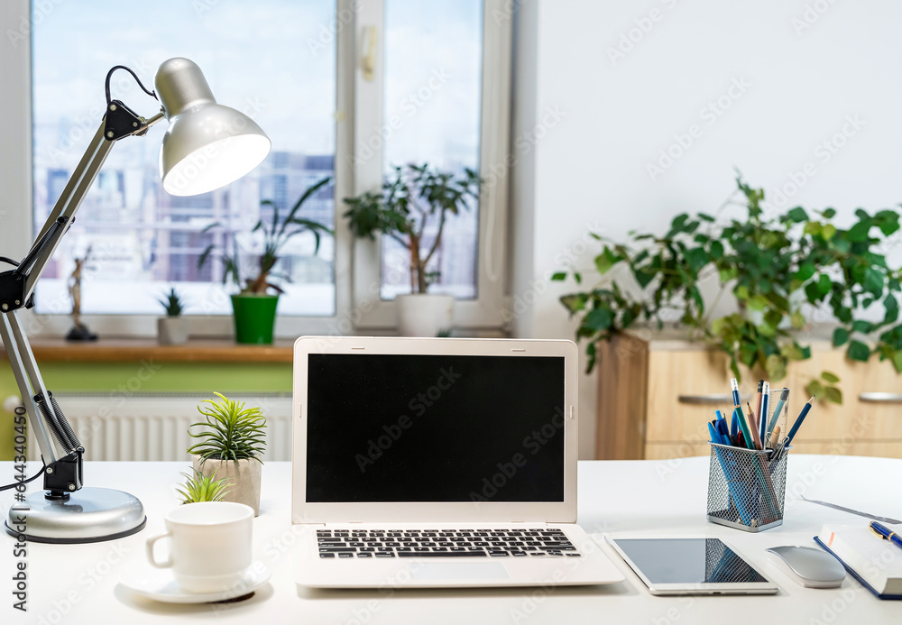 Fototapeta premium Office workspace with desktop computer, office supplies