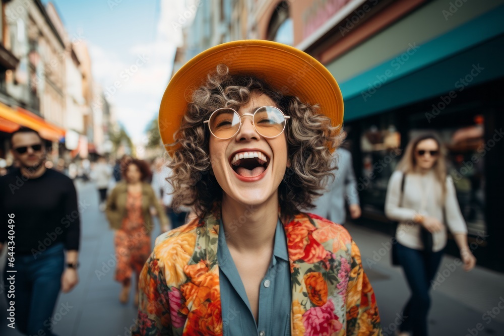 Photo of a stylish man wearing a yellow hat walking down a vibrant city street created with Generative AI technology