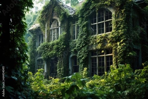 Abandoned house with broken windows and overgrown plants.