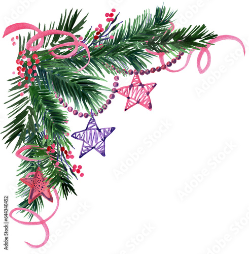 Christmas corner with pine tree  stars  berries and ribbon. Png hand painted watercolor design element