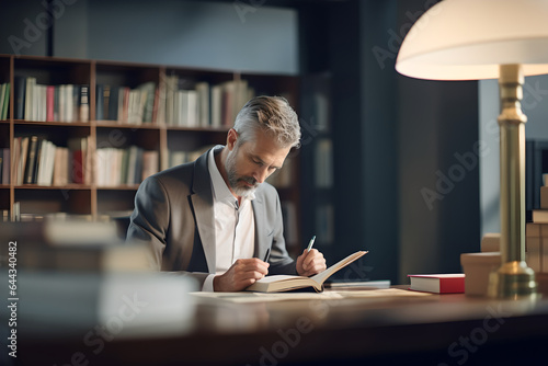 Old man writer sitting at workplace in office writing a book, focused senior male author working on library
