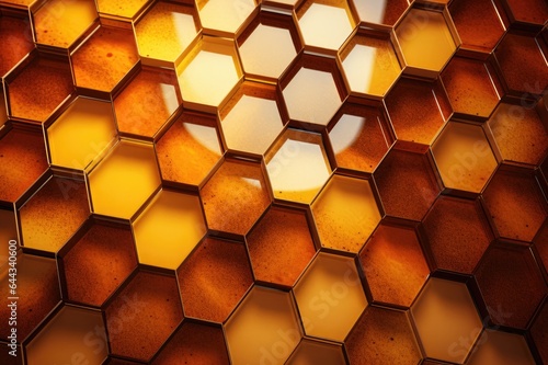 Cluster of gold and brown hexagon cells, background with 3D effect. © VisualWeave