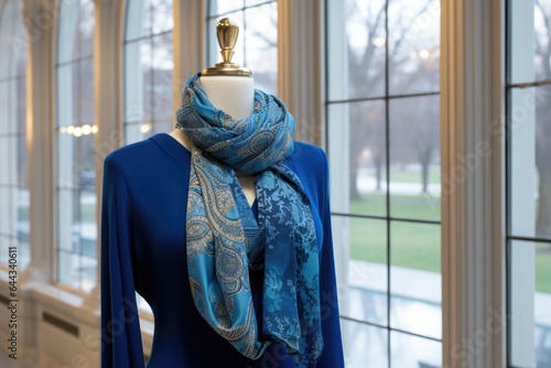 Blue dress on a mannequin with a luxurious silk scarf. Space for text.