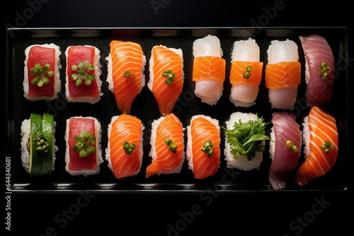 Delicious sushi on black plate, top view.