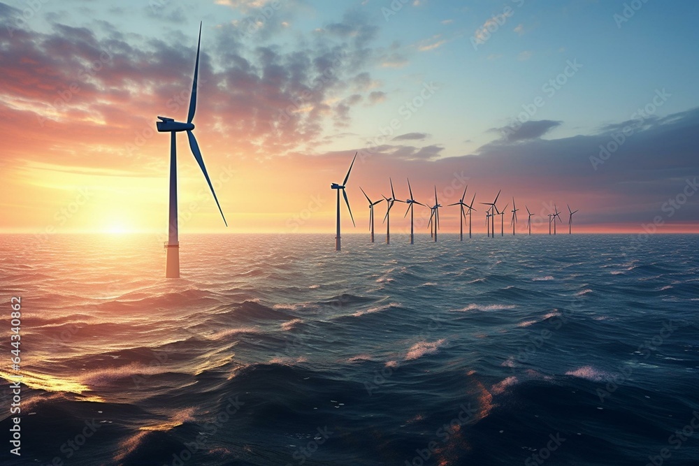 Dawn view of offshore wind farm with turbines harnessing wind energy for clean electricity. Generative AI - obrazy, fototapety, plakaty 