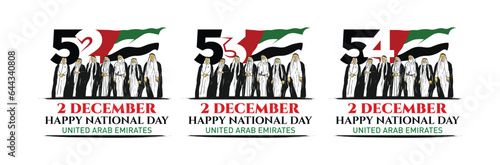 National Day of United Arab Emirates. 52, 53, 54. Text Arabic Translation: Our National Day. December 2. UAE map symbol. Vector Logo. Eps 08. 