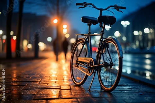 A parked bicycle on the side of a city road at night with blurred buildings and a streetlight. Generative AI