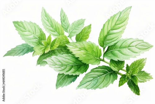 Watercolor illustration of fresh peppermint leaves and stems on a white background. Generative AI