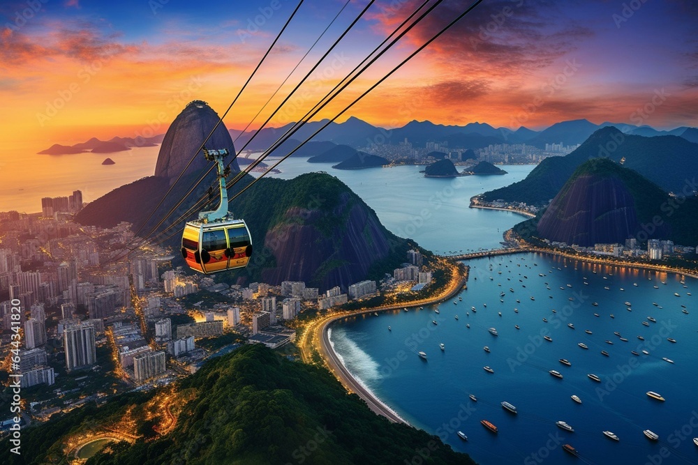 Bird's-eye view of Rio de Janeiro featuring Urca, Sugar Loaf cable car, and Corcovado mountain. Generative AI - obrazy, fototapety, plakaty 