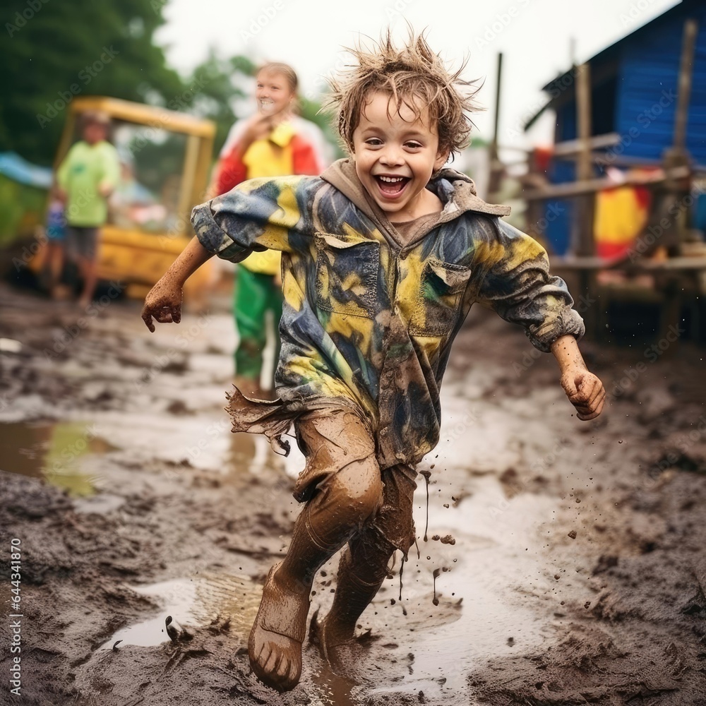 Joyful child running through the mud