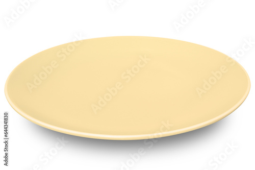 Yellow circle ceramics plate isolated on white background.