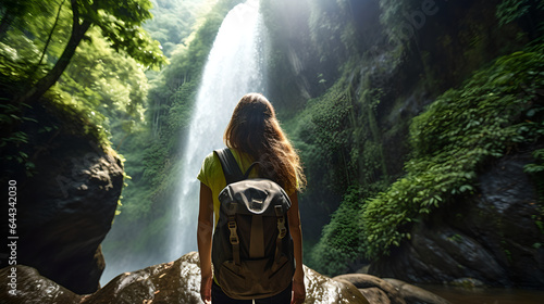 Adventure woman travelers exploring amazing hidden waterfall in forest, Traveling along mountains and rain forest