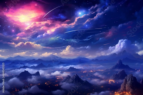 A digital artwork depicting a dreamy and enchanting anime night sky scene. Generative AI
