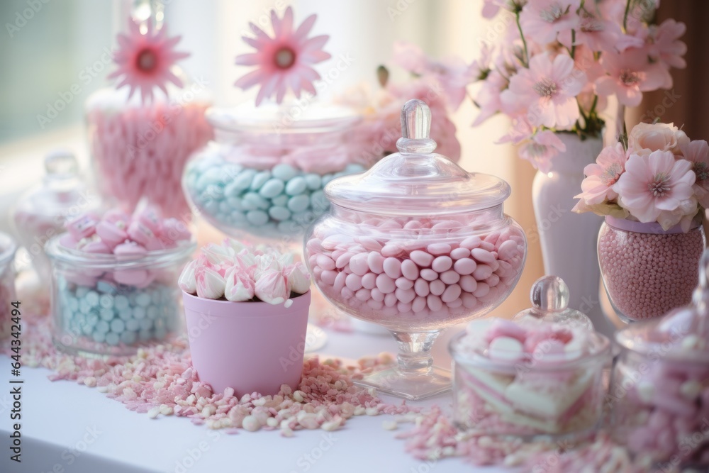 Photo of a colourful display of candy-filled glass jars on a table ready for a baby shower - created with Generative AI technology Photo of a colourful display of candy-filled glass jars on a table ready for a baby shower - created with Generative AI technology