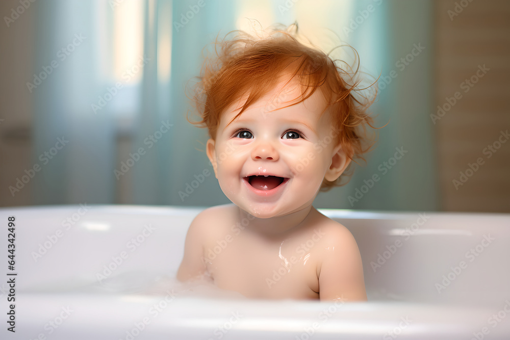 Cute baby having fun in bathtub plays with bubbles, happy baby taking a bath in the tub splashes water while bathing