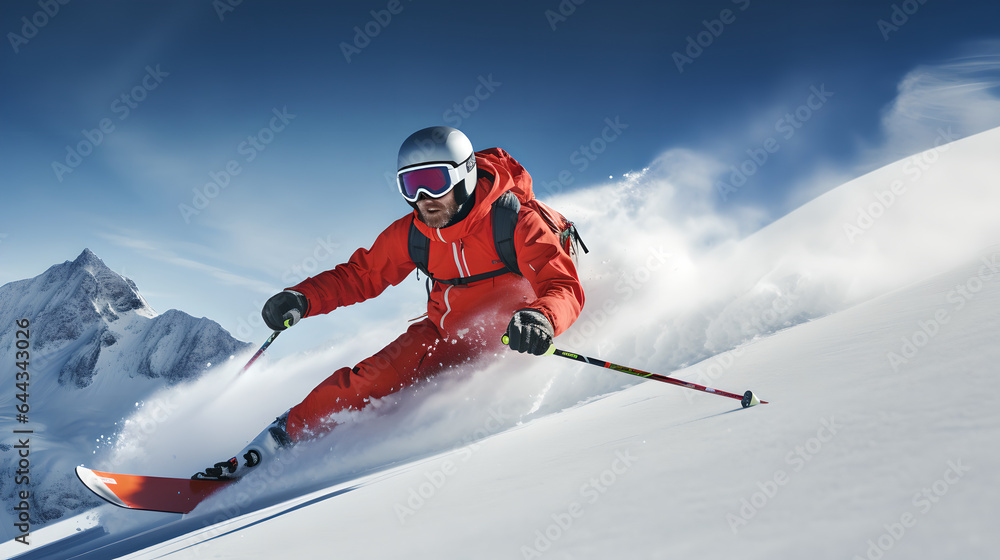 Snowboarder running down the slope in mountains. Skier jumping snowy slope downhill in high mountains