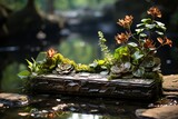 Stone platform for product presentation with green plants in the garden, selective focus and shallow depth of field. Beautiful decoration of the garden on the rock. Background for presentation