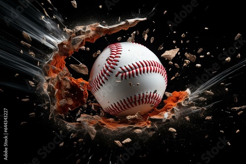 Powerful red baseball smashes through orange backlit black wall against a black-white backdrop. Impressive 3D rendering. Generative AI