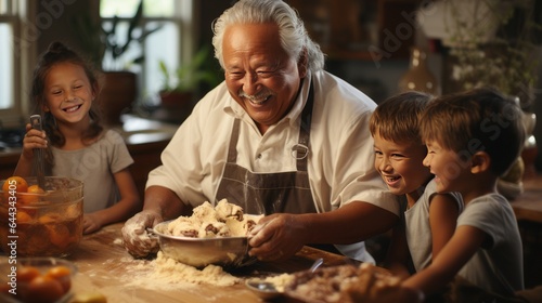 GRANDFATHER TEACHING GRANDSON TO MAKE COOKIES AT THE KITCHEN COUNTER