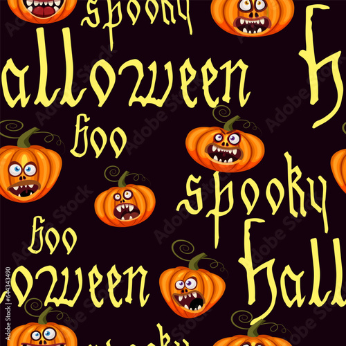 Happy Halloween seamless pattern with text  pumpkin  ghost  witcher. Hand drawn gothic letter  silhouette