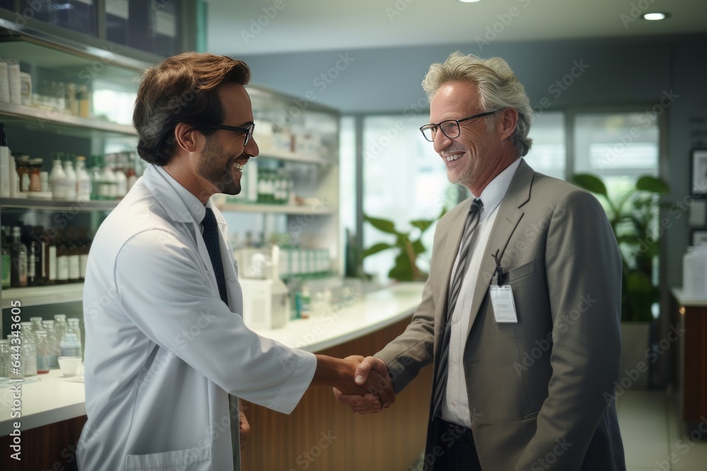 Doctor and patient happy shaking hands and laughing Doctor and patient happy shaking hands and laughing