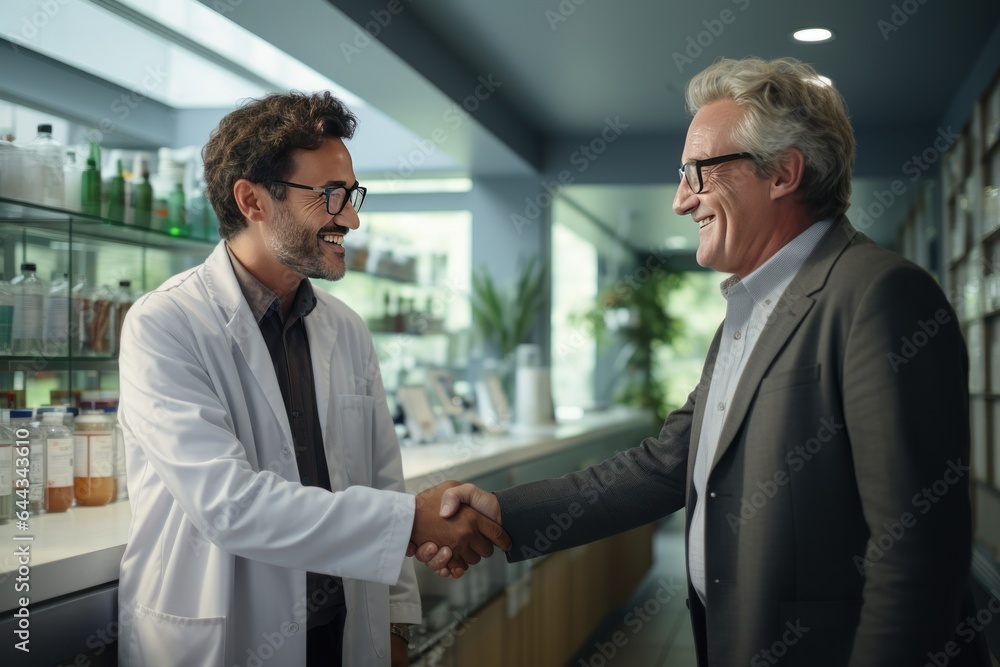 Doctor and patient happy shaking hands and laughing Doctor and patient happy shaking hands and laughing