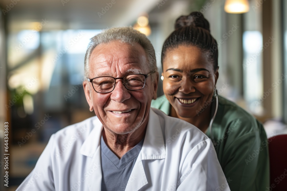 Portrait of happy mature male patient pose in private hospital with female nurse Portrait of happy mature male patient pose in private hospital with female nurse
